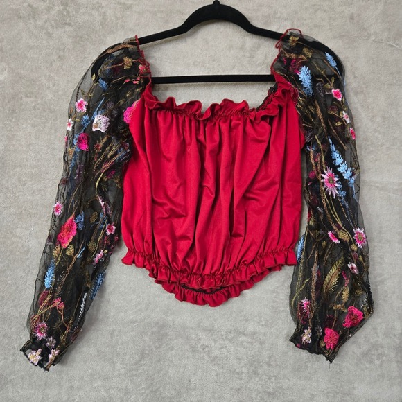 Floral‎ Mesh Sheer Embroidered Puff Sleeve Whimsical Crop Top Fairy Large Womens - Picture 6 of 7